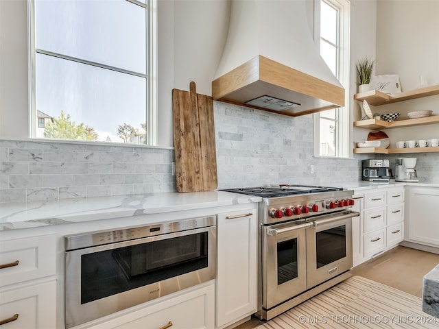 kitchen with custom exhaust hood, appliances with stainless steel finishes, tasteful backsplash, and plenty of natural light