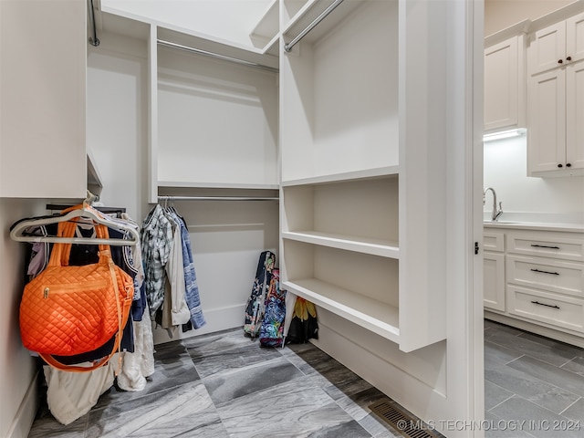 walk in closet with sink and dark wood-type flooring