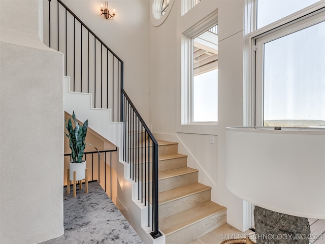 stairs featuring carpet flooring and a towering ceiling