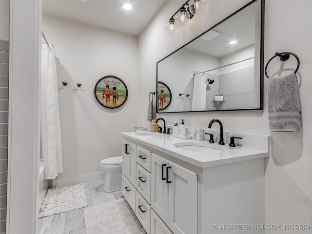 full bathroom featuring vanity, toilet, and shower / bathtub combination with curtain