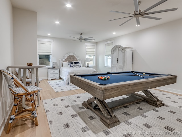 rec room with ceiling fan, light hardwood / wood-style flooring, and pool table