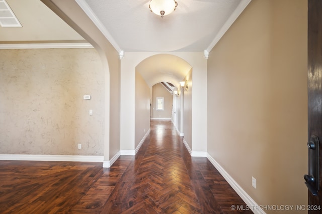 corridor featuring ornamental molding and dark parquet floors