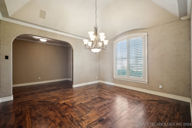 unfurnished room featuring dark hardwood / wood-style floors, a chandelier, crown molding, and high vaulted ceiling