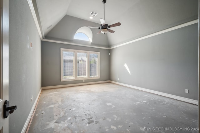 unfurnished room featuring lofted ceiling, ceiling fan, and crown molding