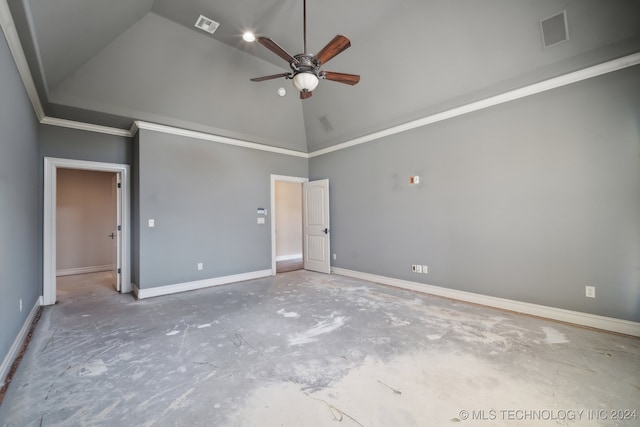 unfurnished bedroom featuring ceiling fan, crown molding, and high vaulted ceiling