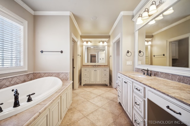 bathroom with vanity, ornamental molding, a bath, and a healthy amount of sunlight