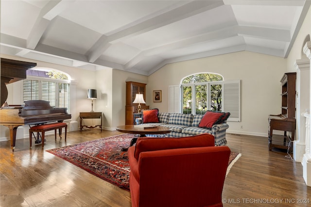 living room with wood-type flooring, lofted ceiling with beams, and a wealth of natural light