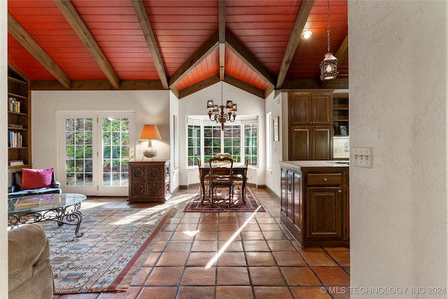 living room with wood ceiling, lofted ceiling with beams, built in features, and a notable chandelier