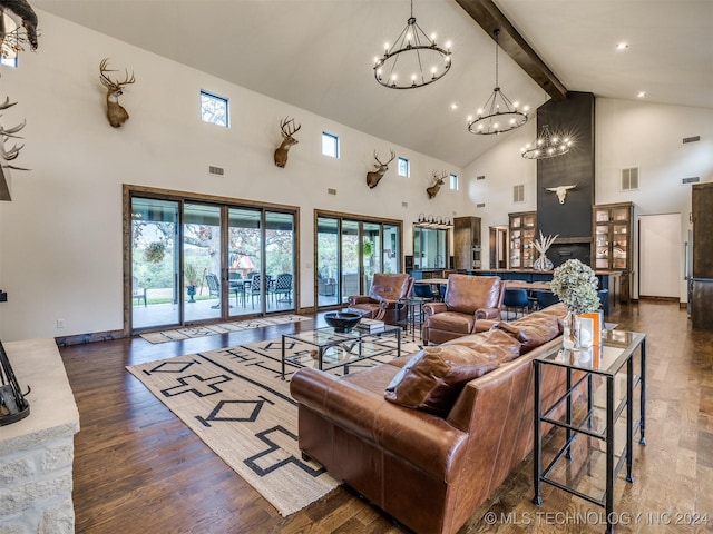 living room featuring beam ceiling, dark hardwood / wood-style flooring, an inviting chandelier, and high vaulted ceiling