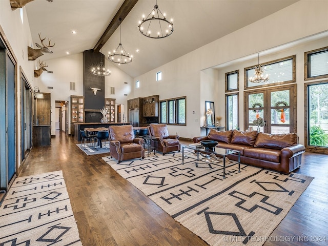 living room featuring beamed ceiling, french doors, dark hardwood / wood-style floors, and high vaulted ceiling