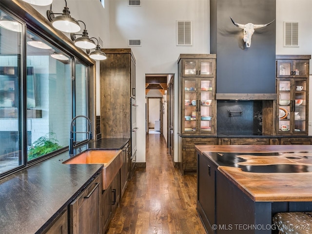 bar with dark brown cabinets, dark hardwood / wood-style flooring, butcher block countertops, and sink