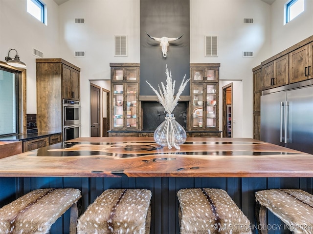 kitchen with dark brown cabinets, a high ceiling, and appliances with stainless steel finishes