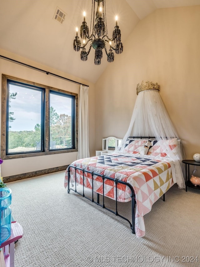 bedroom with carpet, lofted ceiling, and an inviting chandelier