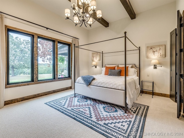 carpeted bedroom with beamed ceiling and an inviting chandelier