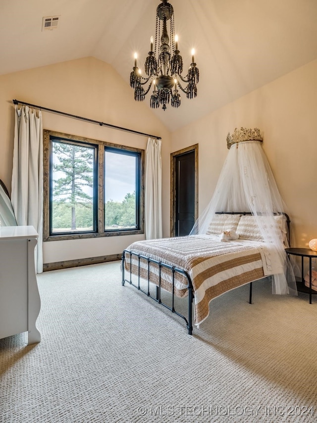 bedroom featuring carpet flooring, lofted ceiling, and a notable chandelier