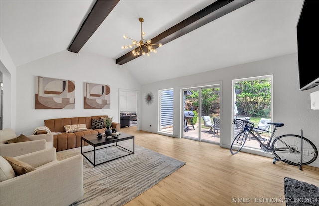 living room featuring high vaulted ceiling, light hardwood / wood-style floors, beamed ceiling, and a notable chandelier