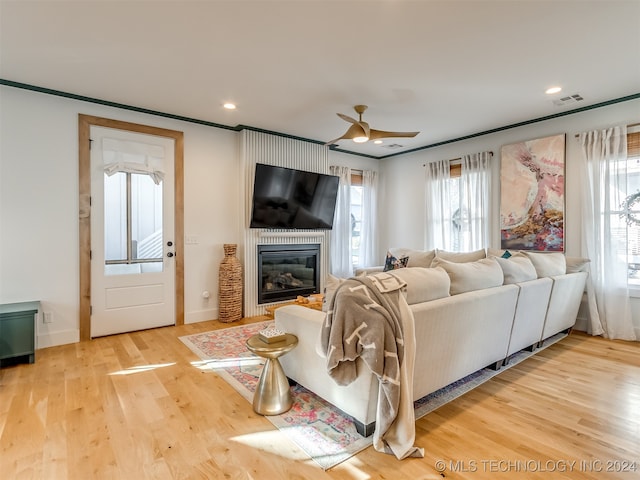 living room featuring ceiling fan, light hardwood / wood-style flooring, crown molding, and a fireplace