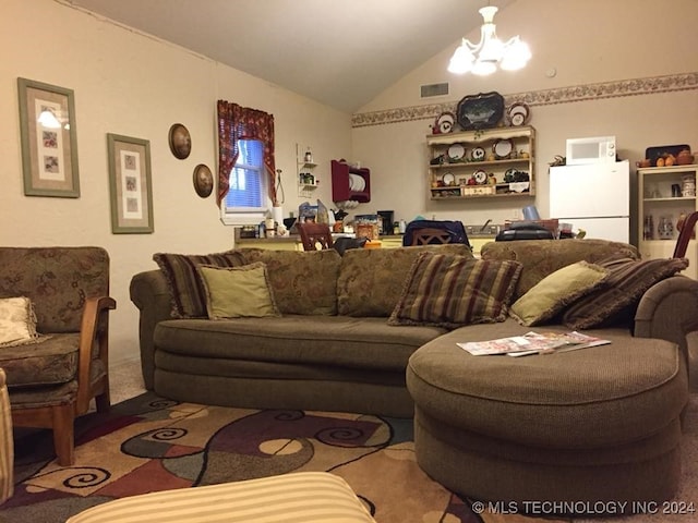 carpeted living room featuring an inviting chandelier and lofted ceiling