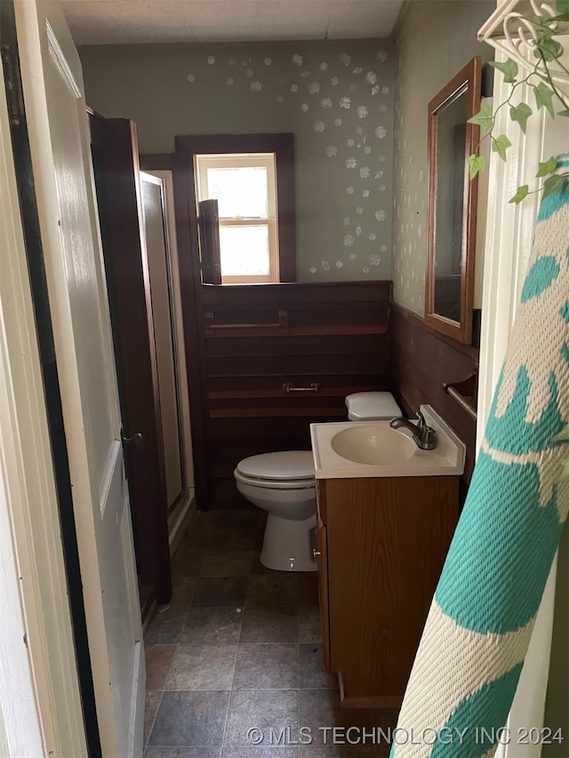 bathroom featuring vanity, toilet, and a shower with shower curtain