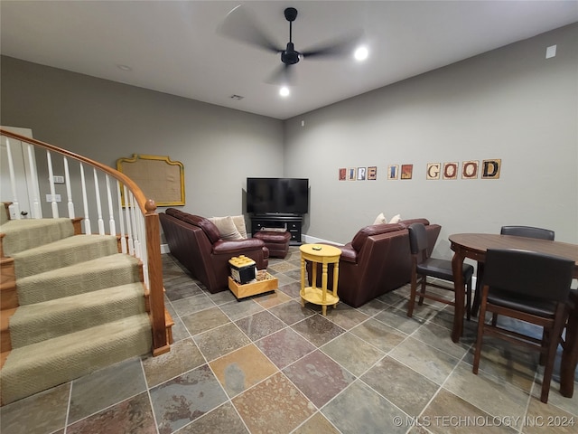 living room featuring ceiling fan