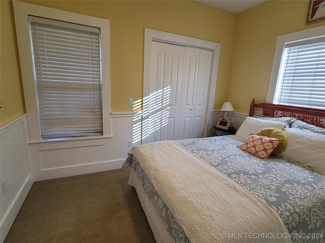 bedroom with dark colored carpet and a closet