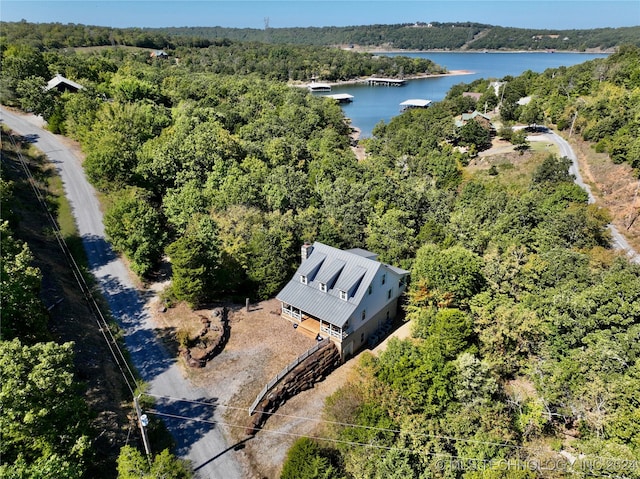 drone / aerial view with a water view