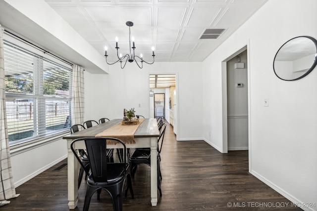 dining room featuring coffered ceiling, a notable chandelier, and dark hardwood / wood-style flooring