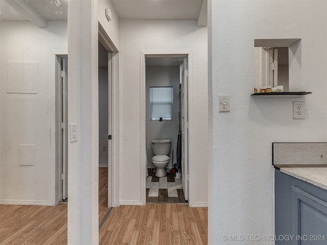 bathroom featuring wood-type flooring, vanity, and toilet