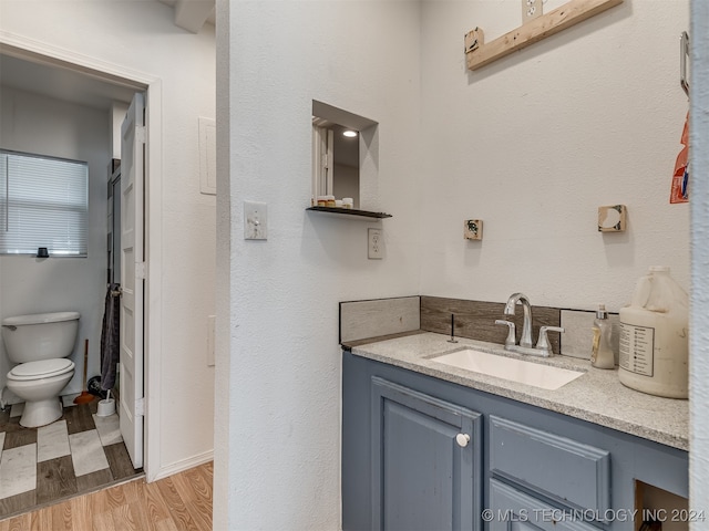 bathroom featuring wood-type flooring, vanity, and toilet