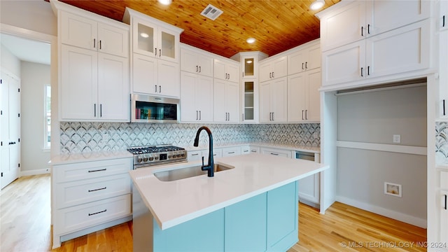 kitchen featuring a kitchen island with sink, appliances with stainless steel finishes, light wood-type flooring, and sink