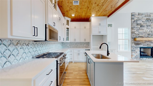 kitchen featuring white cabinetry, appliances with stainless steel finishes, a kitchen island with sink, and sink