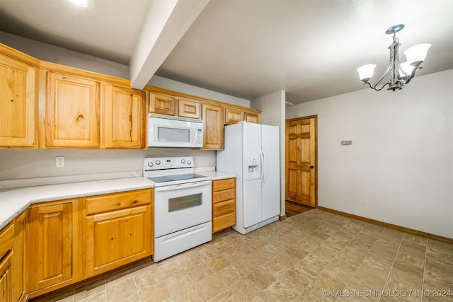 kitchen featuring beamed ceiling, decorative light fixtures, a chandelier, and white appliances