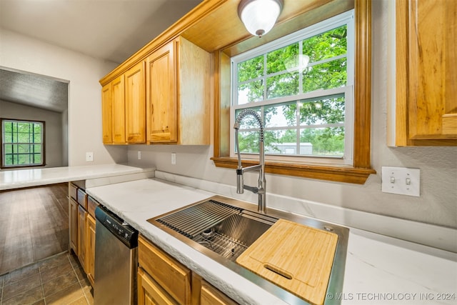 kitchen with a healthy amount of sunlight, dishwasher, and dark tile patterned flooring