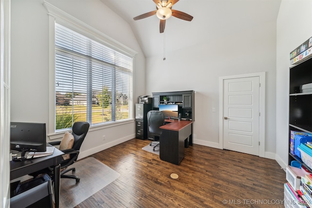 office with ceiling fan, vaulted ceiling, and dark wood-type flooring