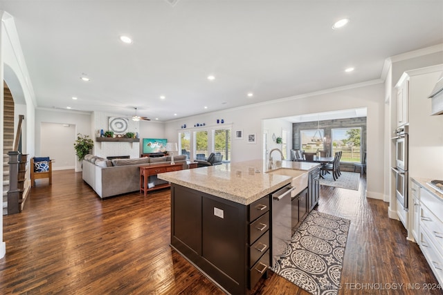 kitchen with sink, dark brown cabinets, a center island with sink, white cabinetry, and dark hardwood / wood-style floors