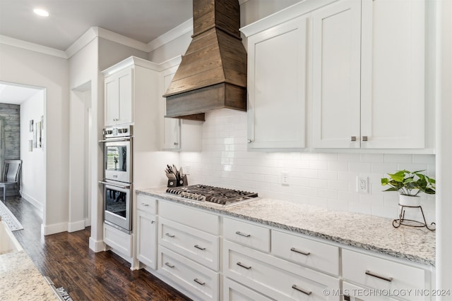 kitchen with white cabinets, custom exhaust hood, ornamental molding, appliances with stainless steel finishes, and dark hardwood / wood-style flooring