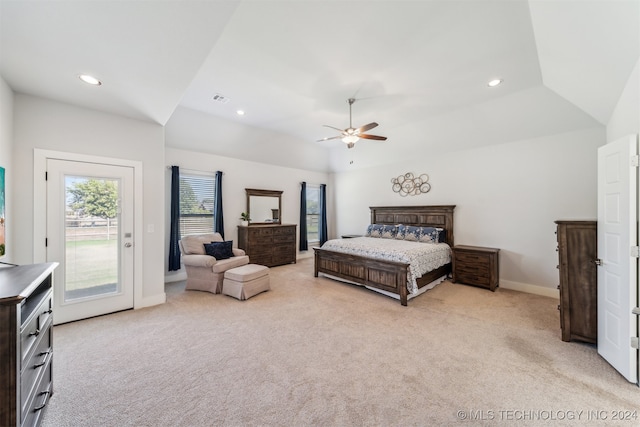 carpeted bedroom with ceiling fan and access to exterior