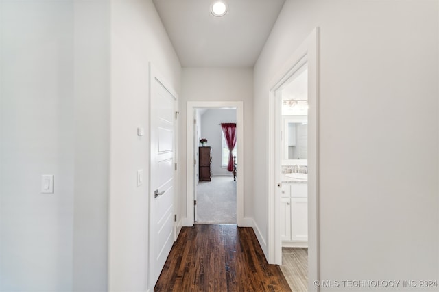 hall with dark hardwood / wood-style floors and sink