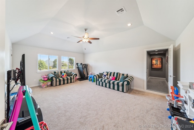 recreation room with carpet flooring, lofted ceiling, and ceiling fan