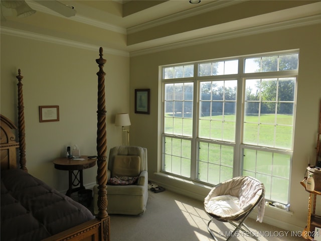 bedroom featuring multiple windows, carpet floors, and crown molding