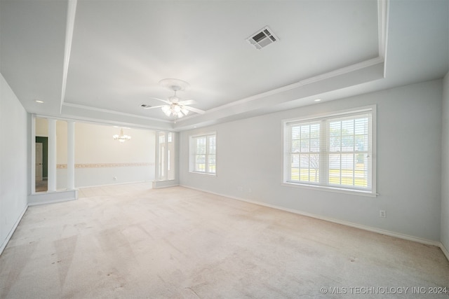 unfurnished room featuring a raised ceiling, light carpet, and a wealth of natural light