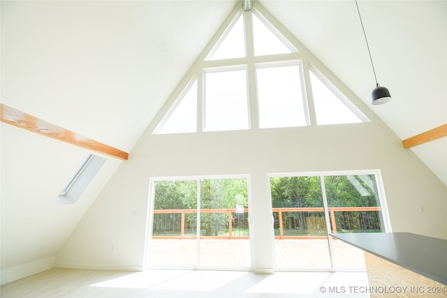 interior space with vaulted ceiling with skylight and a wealth of natural light