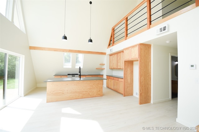 kitchen with high vaulted ceiling, a wealth of natural light, and light brown cabinetry