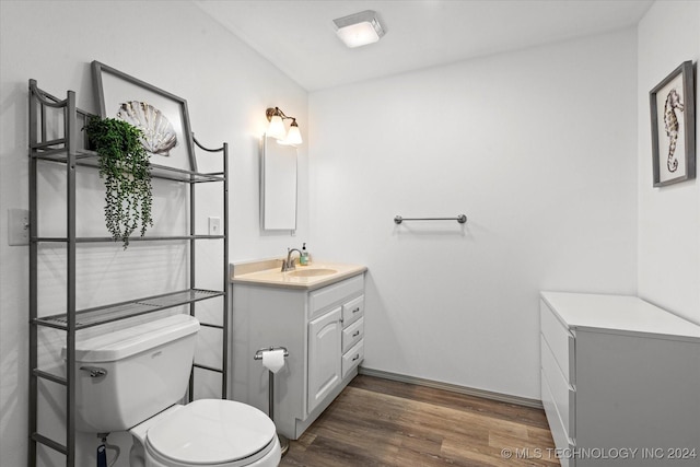 bathroom with vanity, wood-type flooring, and toilet