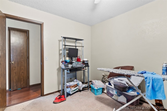 misc room with carpet floors and a textured ceiling