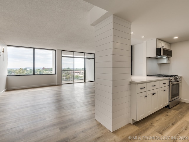 kitchen with appliances with stainless steel finishes, a wall of windows, white cabinets, a textured ceiling, and light wood-type flooring