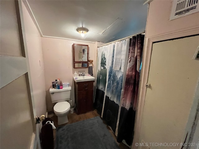 bathroom with wood-type flooring, a shower with curtain, vanity, and toilet