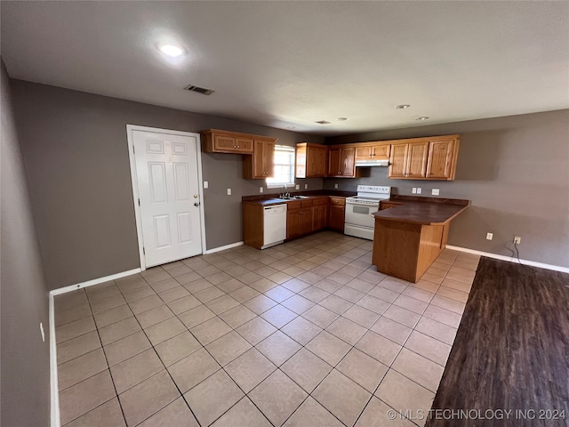 kitchen featuring white appliances, sink, light tile patterned floors, and kitchen peninsula