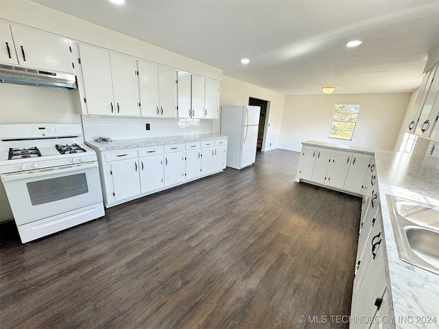 kitchen featuring ventilation hood, dark wood-type flooring, white appliances, and white cabinetry