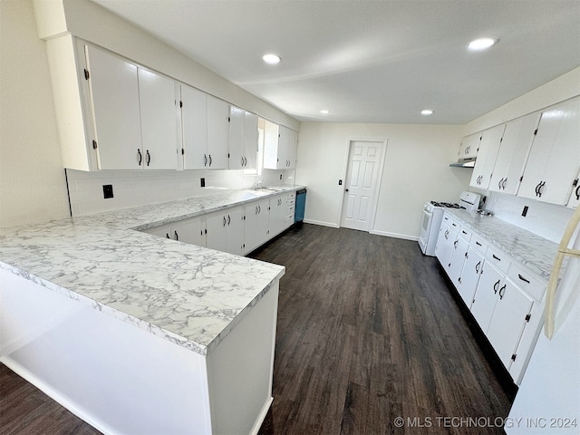 kitchen with dark hardwood / wood-style floors, white stove, white cabinetry, kitchen peninsula, and extractor fan